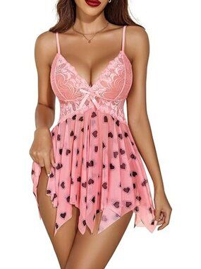 Women Rose Print Lingerie Lace Babydoll Sleepwear Boudoir Outfits Plus Size